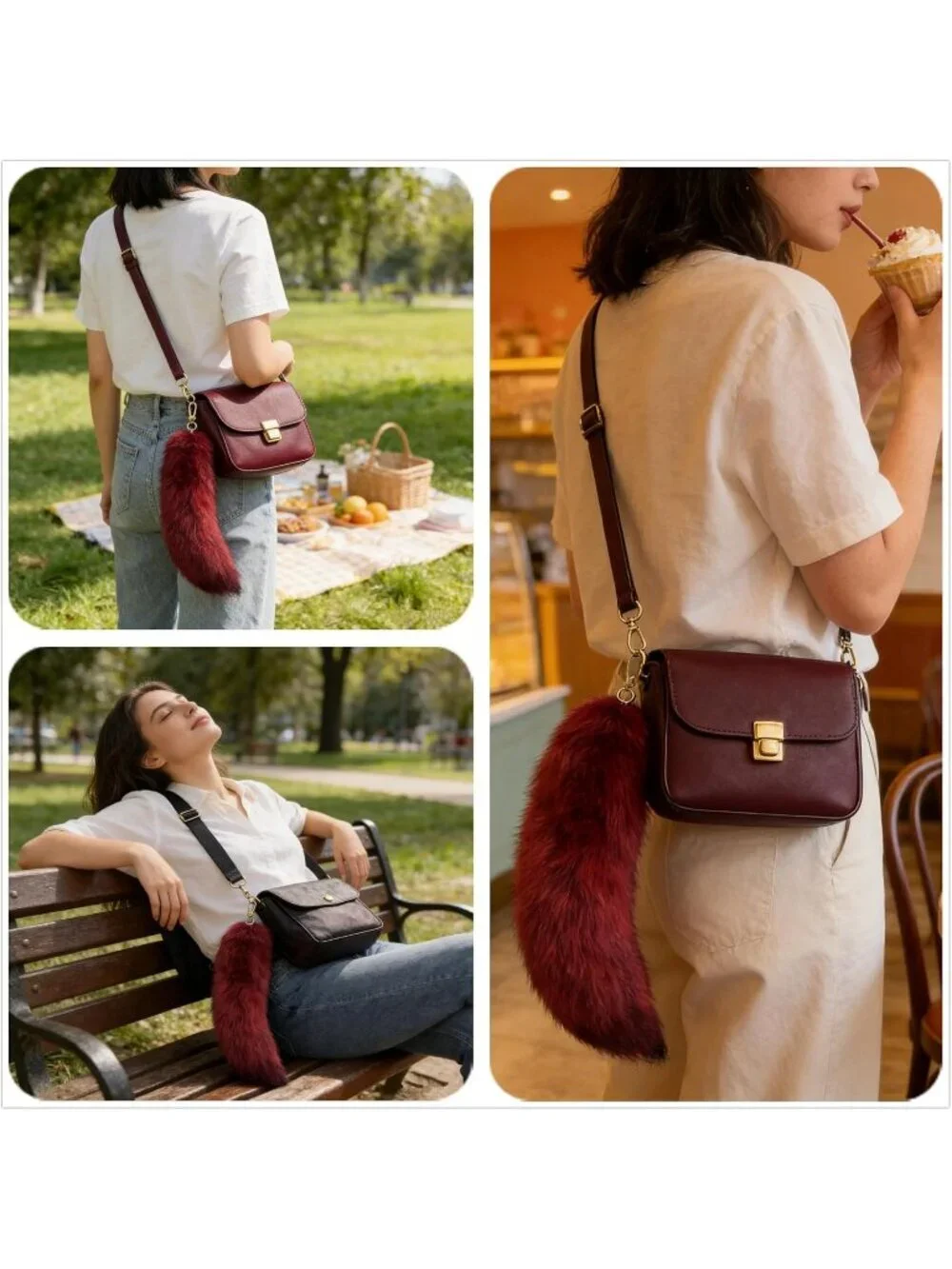 Women's Red Fluffy Fox Tail Cosplay Keychain Birthday Party Costume Handbag